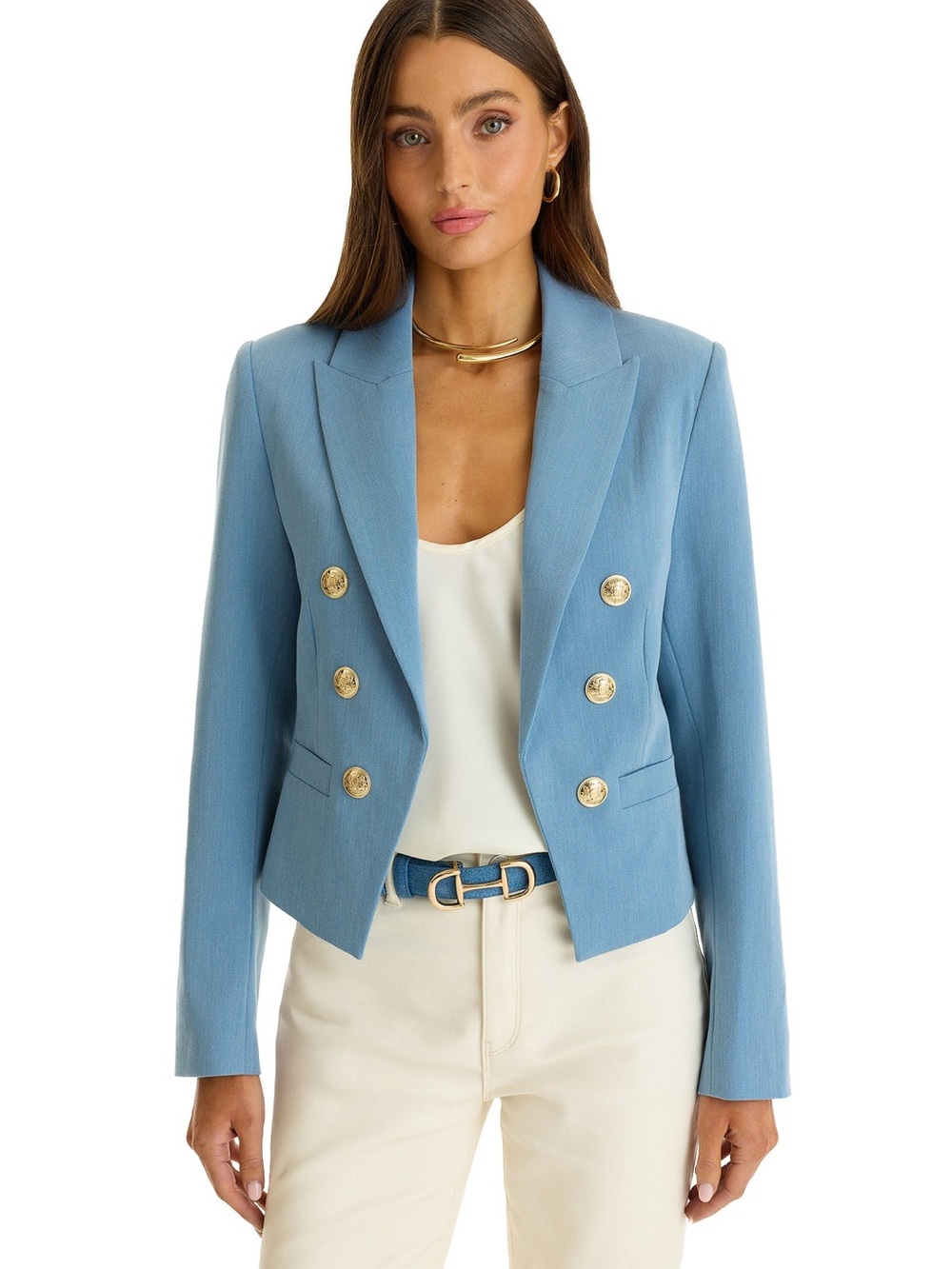 Veronica Beard Dicky Lagoon Nlue Double-Breasted Blazer with Gold Buttons